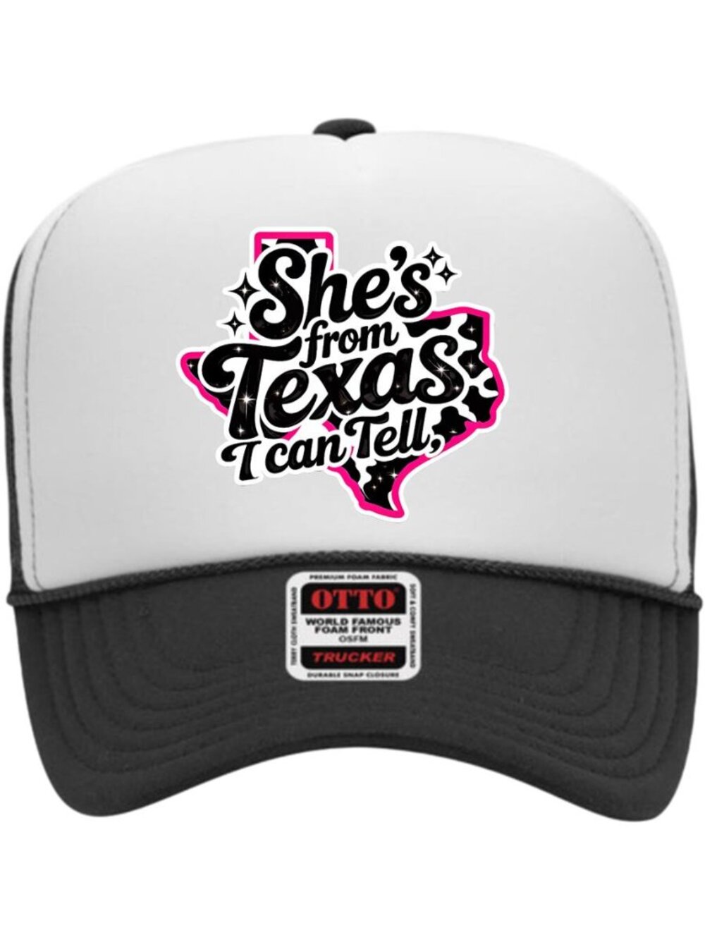 Shes From Texas I Can Tell Printed Black White OTTO Foam Rope Snapback Hat Funny - Picture 2 of 3